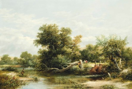 A fisherman on a river, with eel nets on the opposite bank