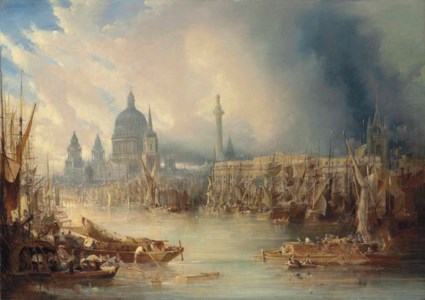 View of St Paul's Cathedral and the Monument from the south bank of the River Thames