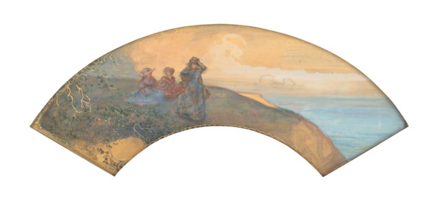 Design for a fan: Three women on a clifftop