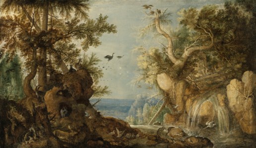 A rocky landscape with animals
