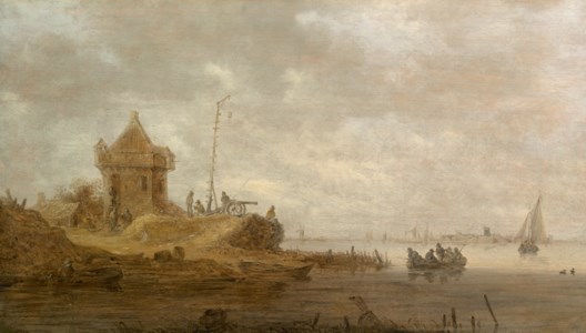 A river landscape with a watchtower and cannon on a bank and ferry boats and sailing ships in the distance