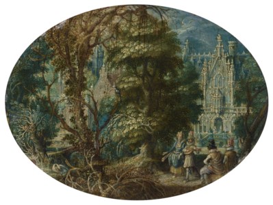 A landscape with elegant figures making music before a Gothic building: an Allegory of Summer