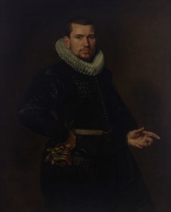 Portrait of a gentleman, in a pinked black silk doublet and hose