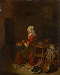 A maidservant seated by a fireplace in a kitchen