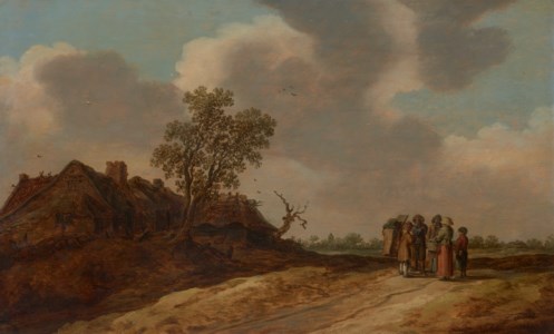 A dune landscape with figures conversing before a row of cottages