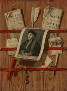 A trompe l'oeil of letters, an engraved portrait of Erasmus of Rotterdam (1466-1536) after Hans Holbein, a quill, a penknife, newspapers, a stick of red wax and other objects held by ribbons on wooden boards