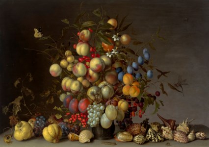 Peaches, plums, oranges, apples, cherries, grapes, redcurrants, blackcurrants, crab apples and other fruit in a pewter vase, with a red admiral butterfly, a dragonfly and other insects, with grapes and other fruit, seashells, a lizard, a caterpillar and a wasp on a ledge