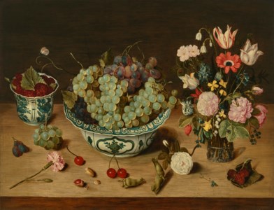 Grapes in a wan-li porcelain kraak , raspberries in a wan-li beaker, tulips, roses and other flowers in a glass vase, with scattered fruit, flowers, and hazelnuts on a ledge