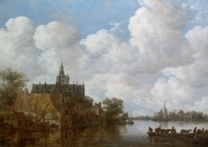 River landscape with a ferry and a church