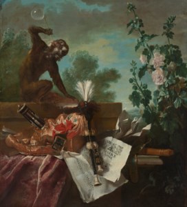 An Allegory of Air: a musical still life with a monkey blowing bubbles, a musette, a flute and music scores