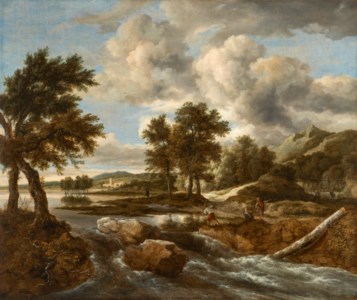 River landscape with figures on the banks of a torrent, a shepherd beyond