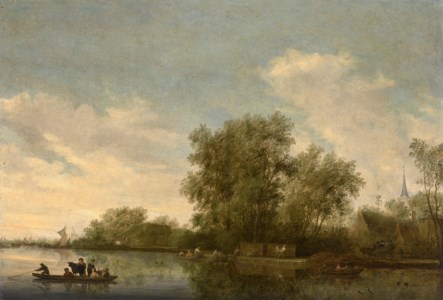 A river landscape with a ferry and fishermen