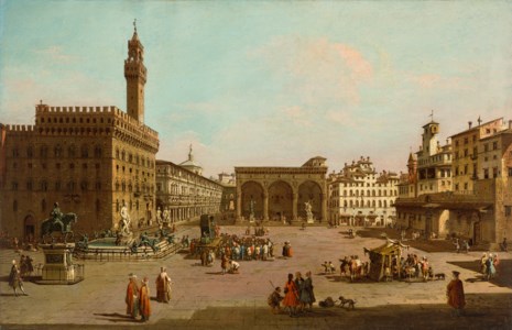 Florence, looking South with a view of the Piazza della Signoria with the Palazzo Vecchio and the Loggia dei Lanzi