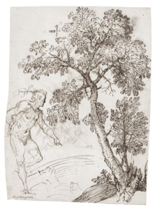 Study of a male nude and a tree (recto); Studies of two figures fighting (verso)
