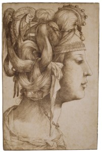Jacopo Ligozzi, The head of a woman in profile to the right, wearing an elaborate headdress with a pearl resting on her forehead