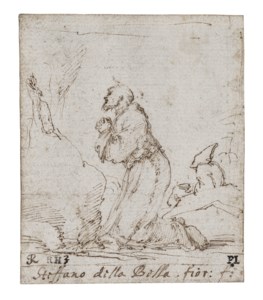Saint Francis kneeling in front of a Crucifix