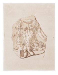 Fragment of a terracotta plaque with a dancing maiden and a candelabrum