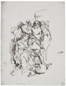 Three men and a swooning female figure by an urn (Iphigenia?)