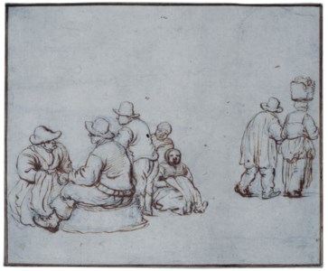 A group of peasants seated, and a couple walking away