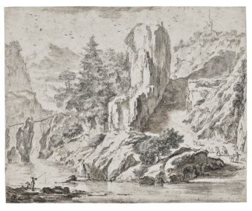 A mountainous river landscape, with anglers in the foreground, and a town atop a mountain in the distance