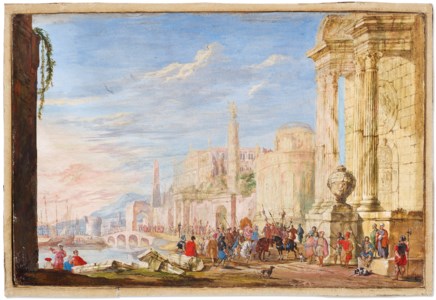 A procession outside the walls of an ancient city