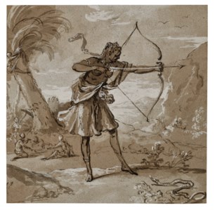 A female archer and a group of figures by a palm tree, An allegorical figure of America or Africa