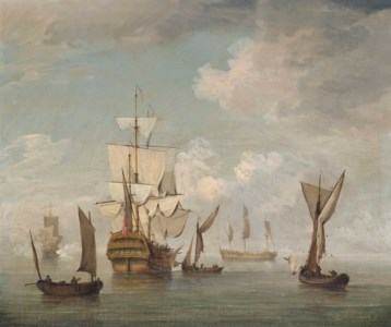 An English two-decker preparing to get underway from her anchorage surrounded by other warships in a calm