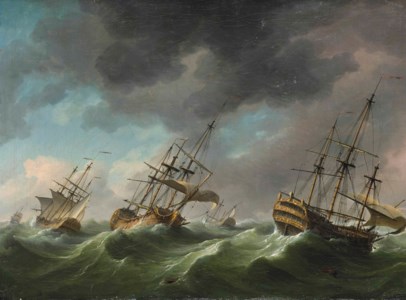 Men-o'-war reefed-down and riding out a gale