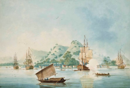 Frigates of the Royal Navy lying at anchor off Penang, with one firing a salute to announce their arrival