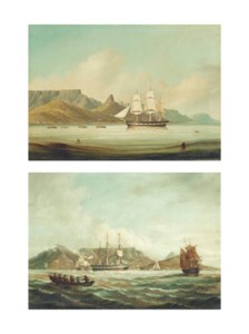 The American brig Corsica under tow in a flat calm entering Table Bay, off Cape Town, under the command of Captain John Devereux, 1846; and The American brig Corsica lying in Table Bay, off Cape Town, with her foresail backed and digging in her anchor, under the command of Captain John Devereux, 1846 (both illustrated)