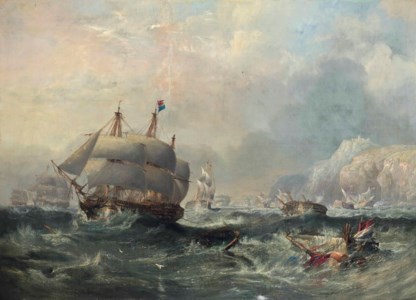 H.M.S. Conqueror towing H.M.S. Africa off the shoals at Trafalgar, three days after the battle