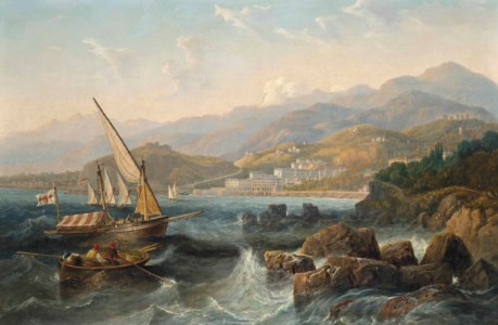 A Spanish xebec and other local craft in the Mediterranean off the harbour of Monte Carlo, Monaco
