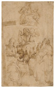 Saints Andrew, Matthew the Evangelist and Petronius, with the Virgin, Christ Child and Infant Baptist above