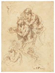 Three studies of Saint Jerome and two separate studies of heads ( recto ); Study of a flower ( verso )