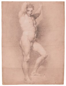 Study of a figure facing right with arms raised