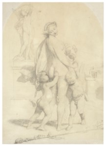 Venus playing with putti by the statue of Cupid