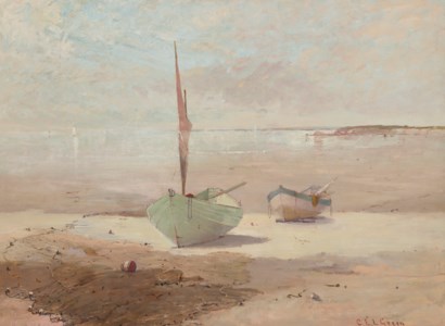 Two Sailboats Beached on a Shore