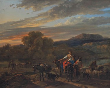 An Italiante landscape with shepherds, cows and sheep