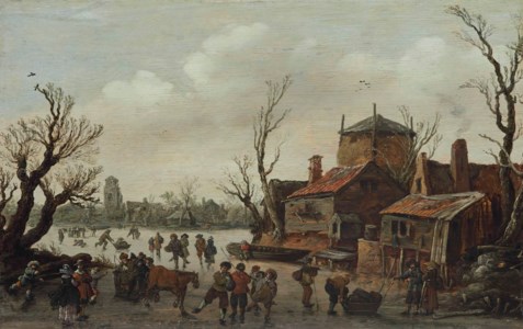 JAN JOSEFSZ. VAN GOYEN, A winter scene with skaters and a village beyond