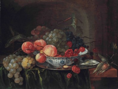 Grapes and apples in a Wan-li dish with oysters on a stone ledge