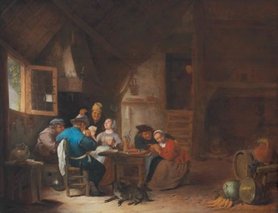 An interior with peasants seated around a table playing cards