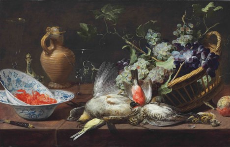 A partridge, snipe, sparrow, finch, and other birds with a basket of grapes and langoustines in Wan-li kraak porcelain bowls, a mounted stoneware jug, saltcellar, and glasses on a tabletop