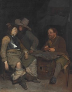 A guardroom interior with a soldier blowing smoke in the face of his sleeping companion, a third looking on