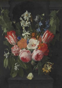 A swag of tulips, peonies, carnations, narcissi and other flowers with a butterfly in a stone niche