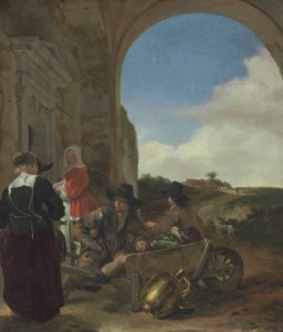 An Italianate landscape with a vegetable vendor selling his goods
