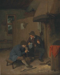 A kitchen interior with peasants drinking and smoking
