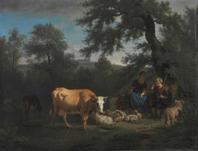 A wooded river landscape with cattle watering and a shepherd and shepherdess resting beneath a tree