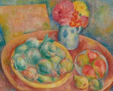 Still life with pears and flowers
