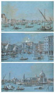 Ensemble de trois vues de Venise : le pont du Rialto, la rive des Schiavoni et la pointe de la Dogana avec l'église Santa Maria della Salute