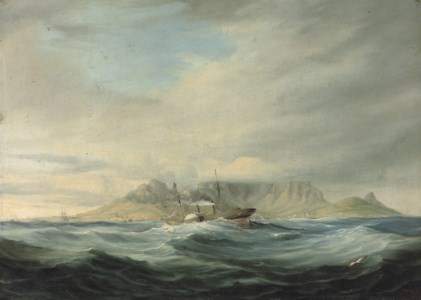 The "Pottinger", "Magellanes" & "Nostra Senora della Carmine" returning to Table Bay after a gale, the "Israel" on shore, 1847